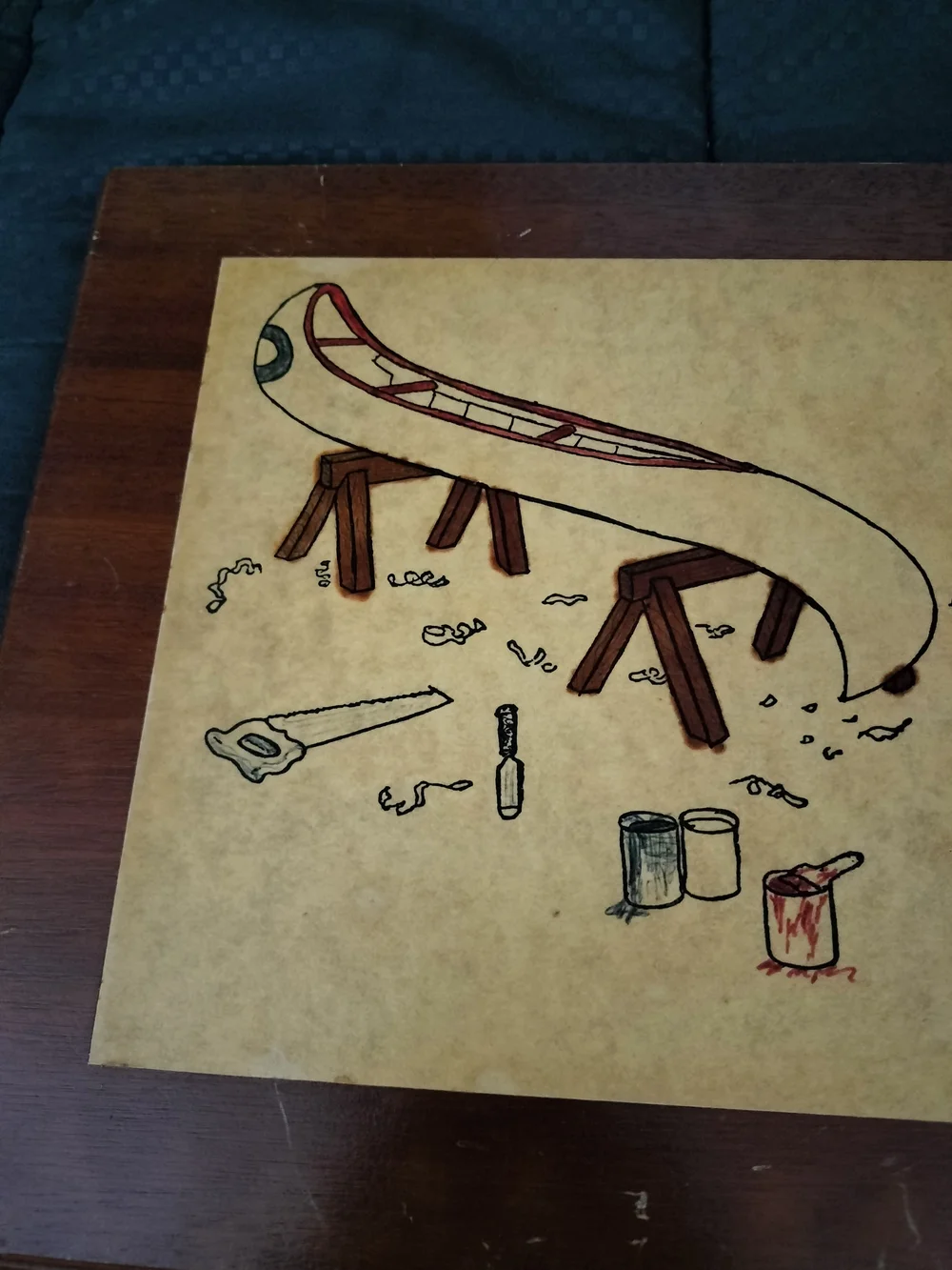 Wood Art Print with Canoe Workshop Illustration - Brown